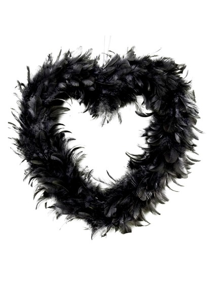 BLACK HOLLOW HEART WITH FEATHERS 40CM