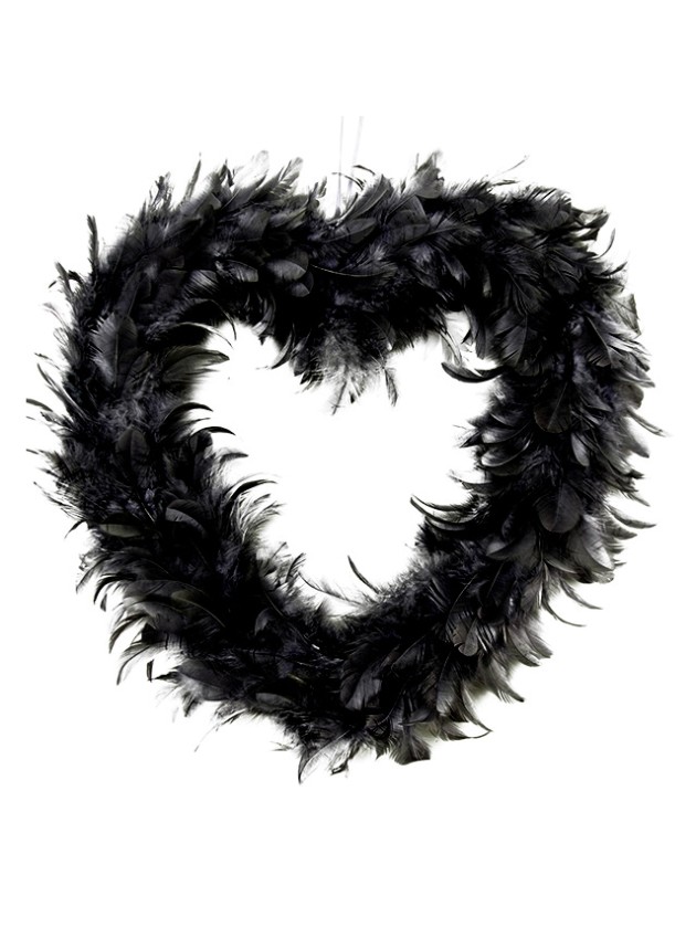 BLACK HOLLOW HEART WITH FEATHERS 40CM