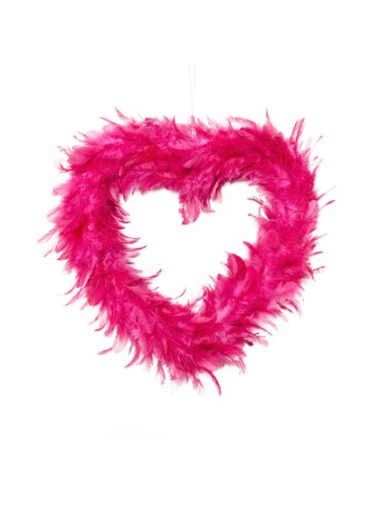 FUCHSIA HOLLOW HEART WITH FEATHERS 30CM