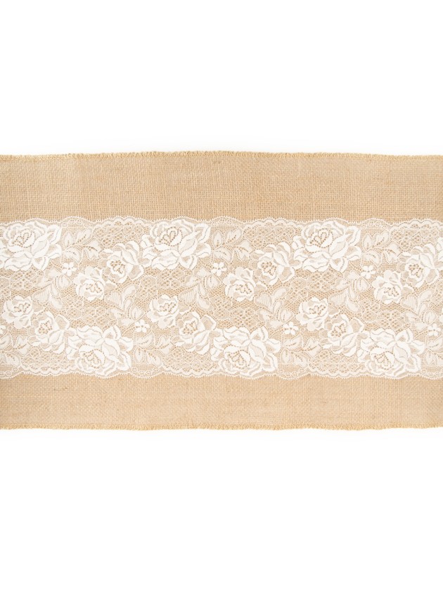 NATURAL JUTE WHITE LACE TABLE RUNNER 28CM X 3M