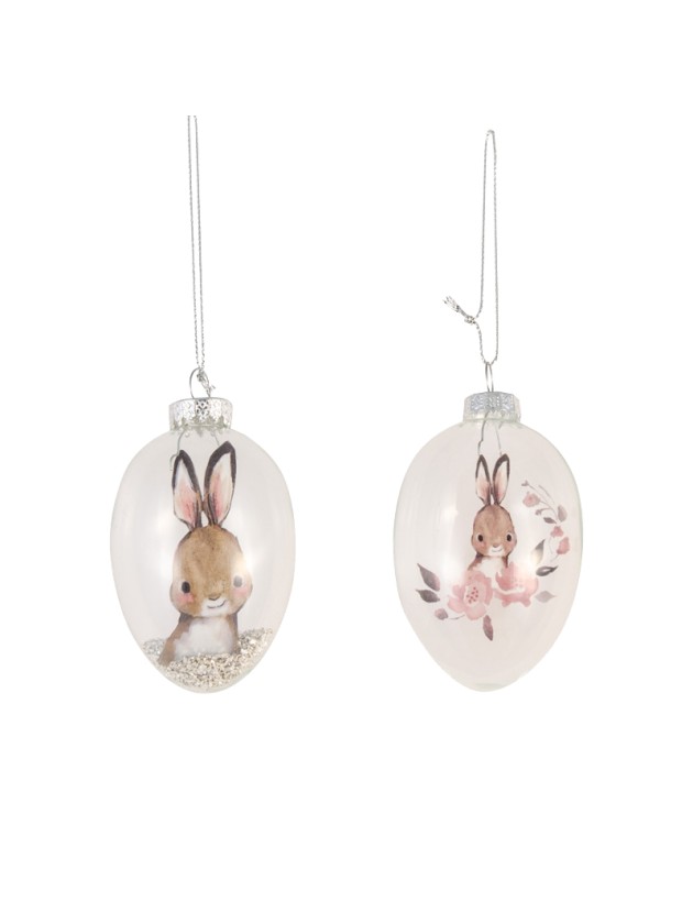 HANG GLASS EGG RABBIT DESIGN 2 ASS DIA 5CM X 8CM