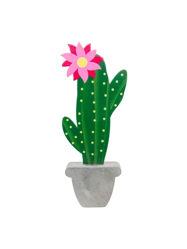 WOODEN CACTUS ON CEMENT BASE 11CM X 3CM X 31CM