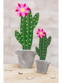 WOODEN CACTUS ON CEMENT BASE 7.3CM X 2CM X 20CM