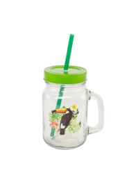 MASON JAR VERRE TOUCAN COUV/PAILLE VERT FONCE 470ML 10.6CM X 7.8CM X 19.5CM