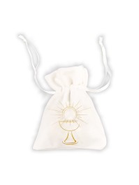 SACHET 4 BOURSES VELOURS COMMUNION BLANC/OR 8CM X 10CM