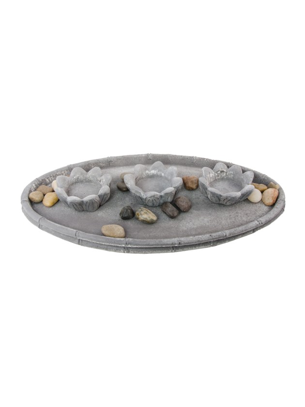 RESIN OVAL TRAY W/ 3 CANDLE HOLDERS & STONES 