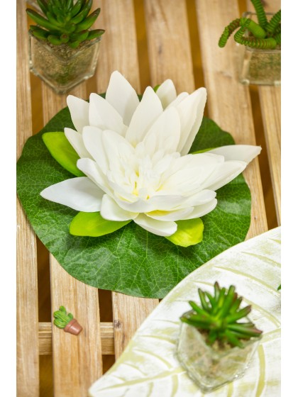 FLEUR DE LOTUS BLANCHE SUR FEUILLE 22CM