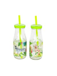 BOUTEILLE LAIT VERRE AV COUV ET PAILLE VERTS 250ML 2 ASS - GIRAFE ET ZEBRE DIA 6.2CM X19CM