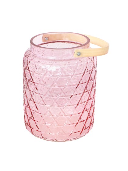 PHOTOPHORE VERRE ROSE PASTEL A/ ANSE BAMBOU DIA 18CM X 26.7CM