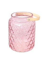 PHOTOPHORE VERRE ROSE PASTEL A/ ANSE BAMBOU DIA 18CM X 26.7CM