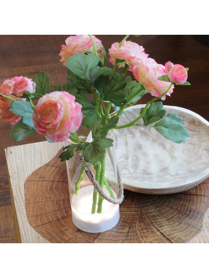 VASE VERRE SUPPORT LUMINEUX 7 LEDS AV/ ANSE JUTE DIA 9.5CM X 20CM