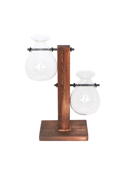 2 VASES SUR SUPPORT BOIS 15CM X 7.5CM X 18CM