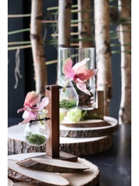 2 GLASS VASES W/ WOOD STAND 15CM X 7.5CM X 18CM