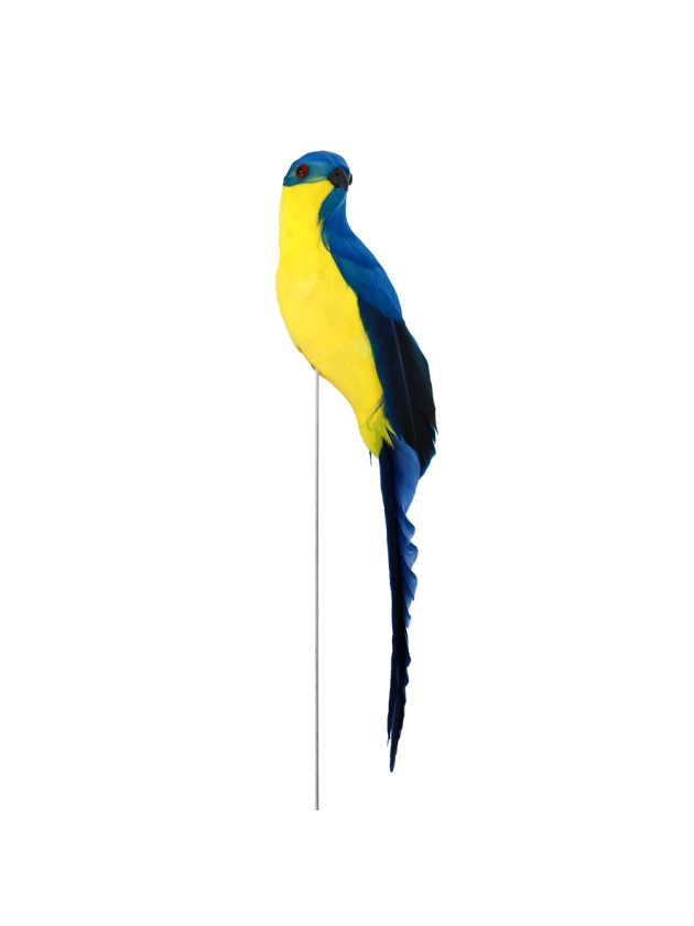 PERROQUET BLEU ET JAUNE SUR TIGE METAL  3.5CM X 3.5CM X 20CM