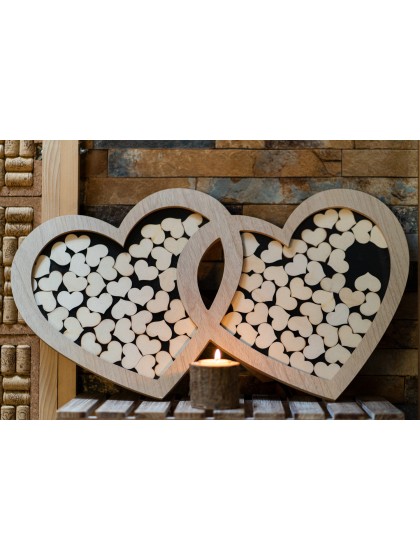 WOODEN DOUBLE HEART FRAME W/ 85 HEARTS 60.5CM X 2CM X 37CM