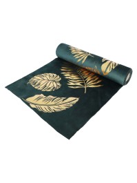 CHEMIN DE TABLE VELOURS VERT FEUILLES DOREES 28CM X 3M