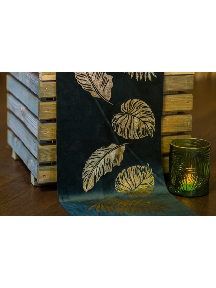 VELVET TABLE RUNNER WITH GOLDEN LEAVES 28CM X 3M