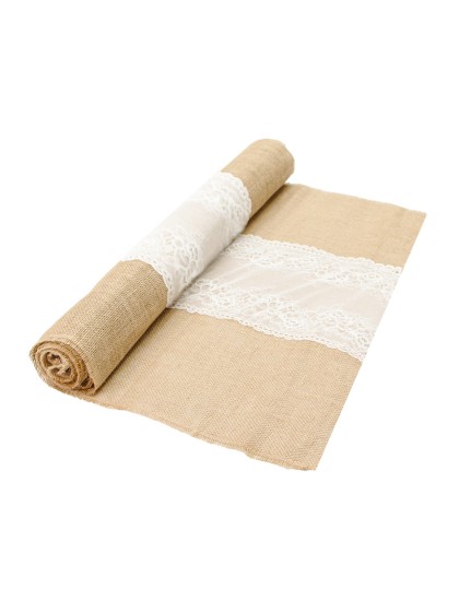 JUTE FRINGED TABLE RUNNER W/ LACE 60CM X 3M