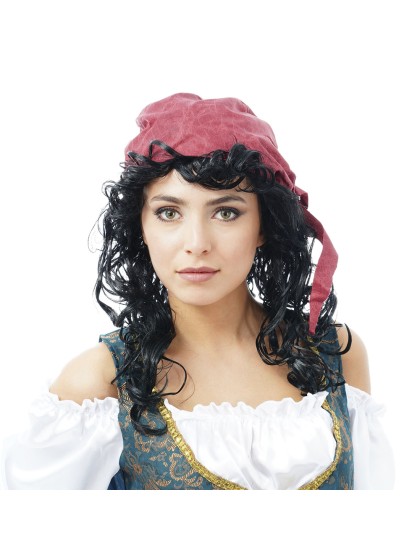 PERRUQUE FEMME PIRATE BLOUCLES NOIRES FOULARD ROUGE 