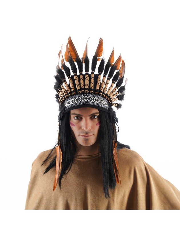 COIFFE INDIENNE POILS NOIRS PLUMES MARRONS 