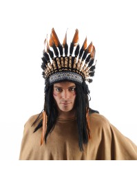 COIFFE INDIENNE POILS NOIRS PLUMES MARRONS 