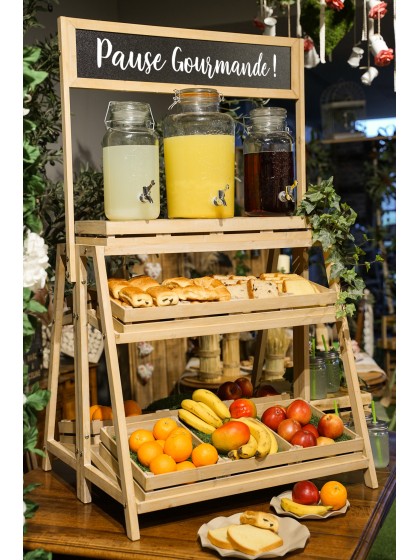 WOODEN DISPLAY DOUBLE SIDE 3 LEVELS W/ SLATE 74CM X 69CM X 130CM