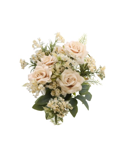 BOUQUET DE 5 ROSES AV FEUILLAGES IVOIRE/SAUMON 40.5CM