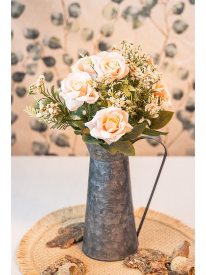 BOUQUET DE 5 ROSES AV FEUILLAGES IVOIRE/SAUMON 40.5CM