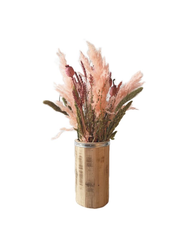 COMPOSITION FLORALE ROSE 18 - POT BOIS DIA 15CM X 55CM HT