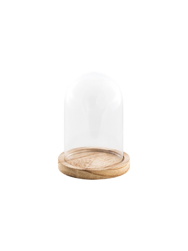 GLASS COVER ON WOODEN BASE DIA 10CM X 13.7CM