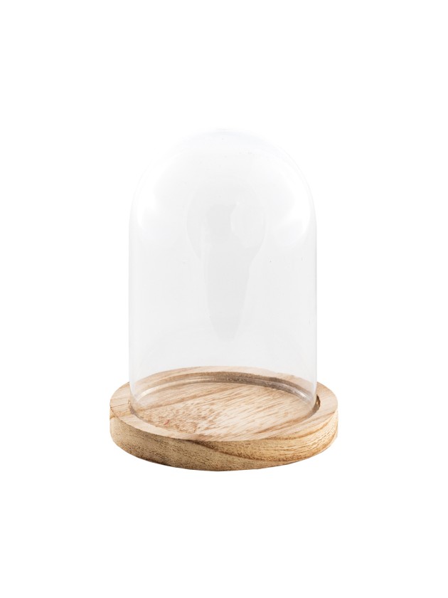 CLOCHE VERRE SUR SUPPORT BOIS DIA 14CM X 21CM