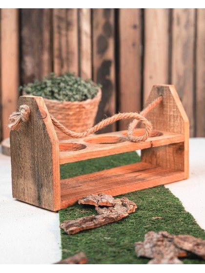 WOODEN HOLDER 3 SPACES W/ JUTE HANDLE  32CM X 12CM X 18CM
