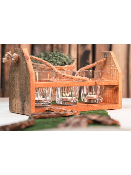 WOODEN HOLDER 3 SPACES W/ JUTE HANDLE  32CM X 12CM X 18CM