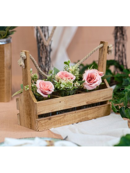 PORTE 3 BOUTEILLES BOIS AVEC ANSE JUTE 36CM X 10CM X 25CM