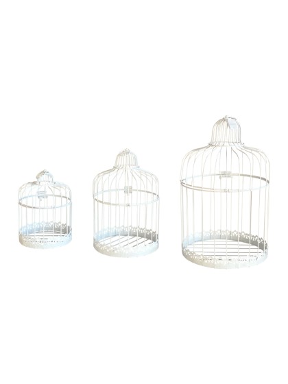 SET 3 CAGES METAL BLANC VINTAGE DIA 15CM X 22CM/DIA 20CM X 32CM/25CM X 41CM
