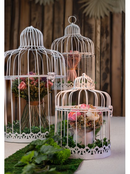 SET 3 CAGES METAL BLANC VINTAGE DIA 15CM X 22CM/DIA 20CM X 32CM/25CM X 41CM
