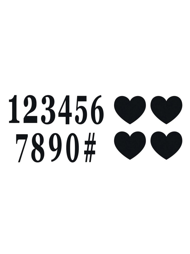 SET 12 BLACK ADHESIVE LETTERS + 4 HEARTS 7.5CM