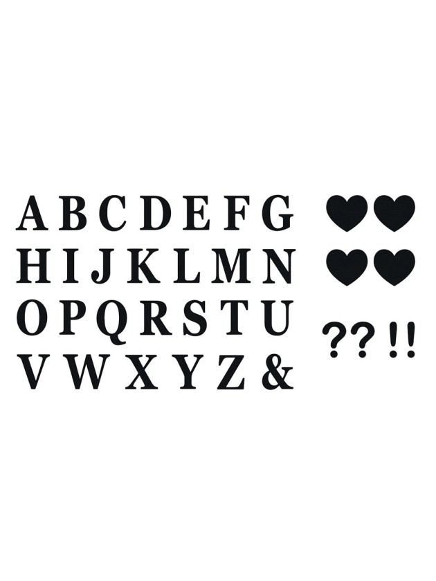 SET 48 ADHESIVE BLACK LETTERS + 4 HEARTS + 2 ? + 2 ! 7.5CM