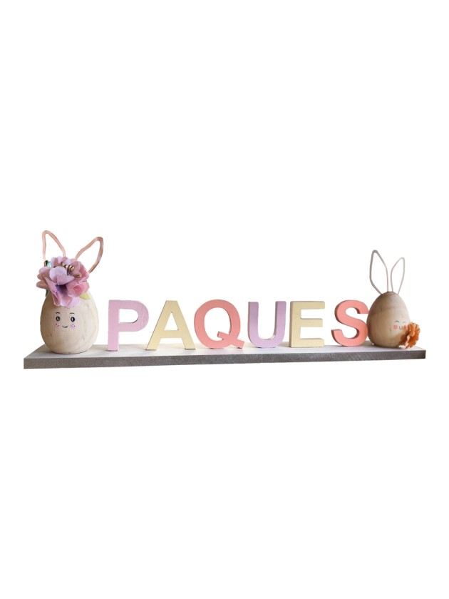 CENTRE DE TABLE BOIS PAQUES AVEC LAPIN 37CM X 5CM X 14CM