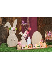 WOODEN TABLE CENTER PAQUES W/ RABBITS 37CM X 5CM X 14CM