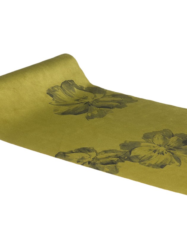 CHEMIN DE TABLE VELOURS VERT OLIVE IMPRIME FLEURS 28CM X 3M