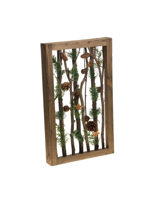 VINTAGE WOODEN FRAME GLITTERED AMBER STARS AND BELLS 30CM X 6CM X 50CM