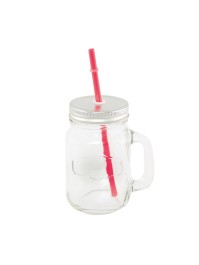 VERRE MASON JAR COUVERCLE METAL ET PAILLE ROUGE 450ML 10.8CM X 7.8CM X 13.5CM