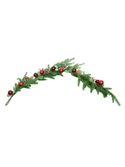 REALISTIC TREE GARLAND RED BALL WHITE PINE CONES 100CM