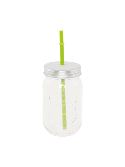 VERRE MASON JAR AVEC COUVERCLE METAL ET PAILLE VERTE 400ML DIA 7.5CM X 13CM