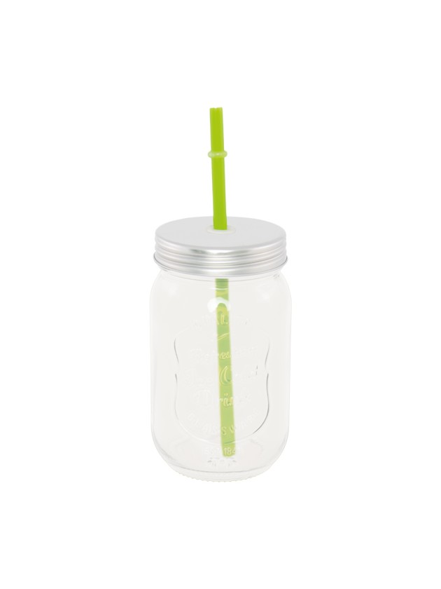 GLASS MASON JAR WITH SILVER METAL LID AND GREEN STRAW 400ML DIA 7.5CM X 13CM