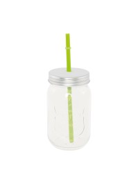 GLASS MASON JAR WITH SILVER METAL LID AND GREEN STRAW 400ML DIA 7.5CM X 13CM