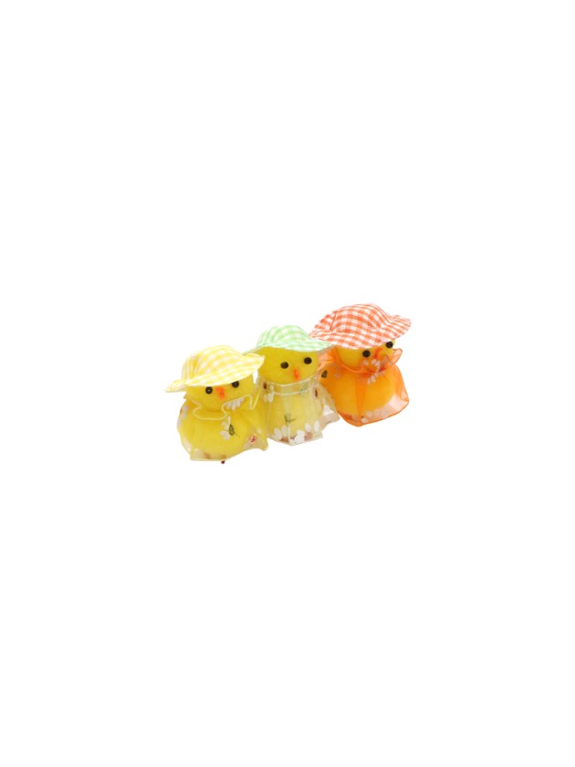 3 POUSSINS JAUNES AVEC CHAPEAU ET CIRE FLEURI 3.5CM X 5.5CM