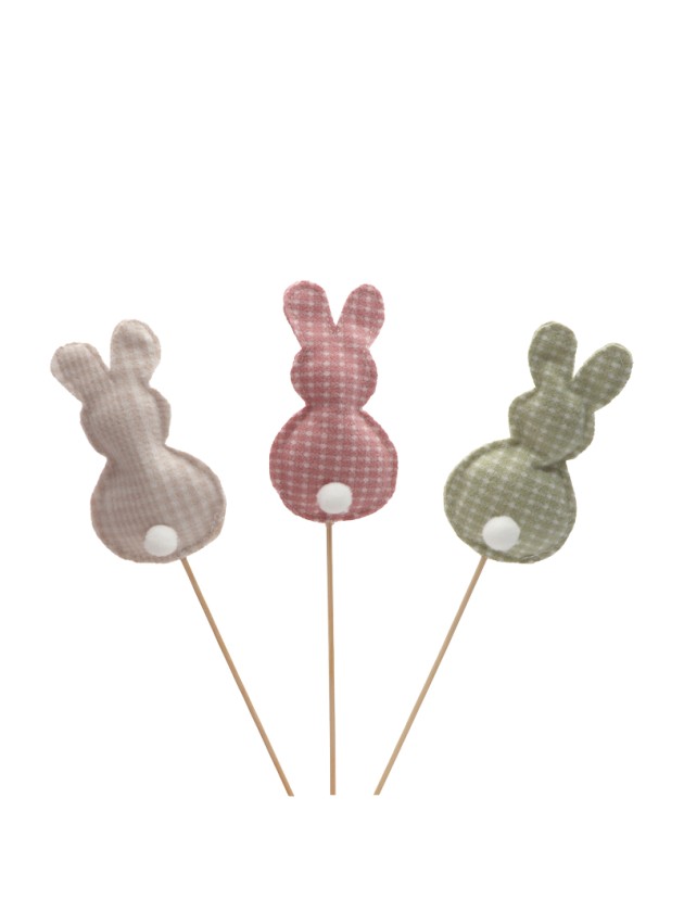 GINGHAM RABBIT W/ POMPOM ON STICK - 3 ASS 6.5CM X 2CM X 30CM