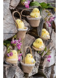YELLOW CHICK IN BASKET TO HANG - 3 ASS DIA 7CM X 12CM